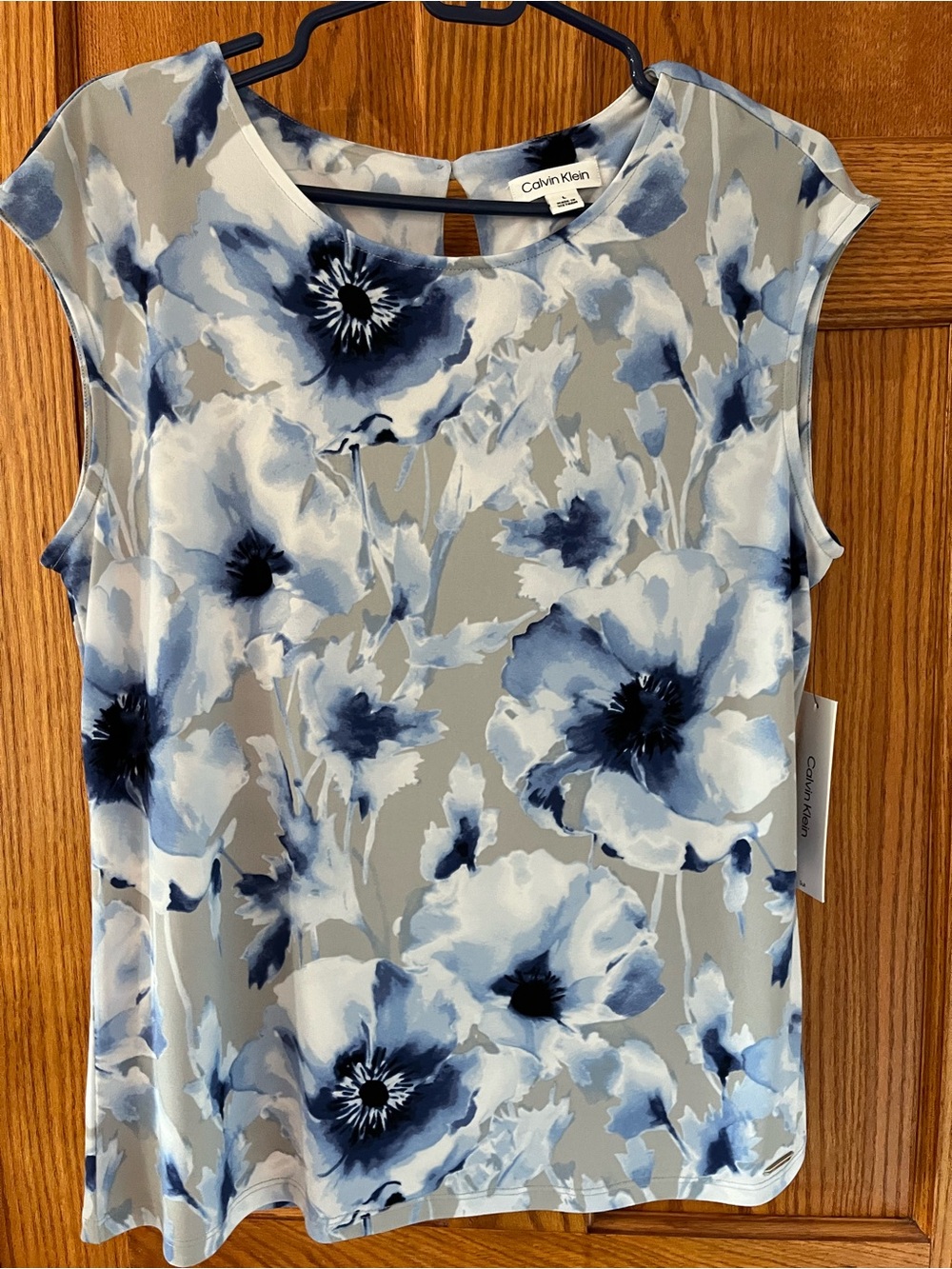 Calvin Klein Gray and Blue Floral Cap-Sleeve Blouse